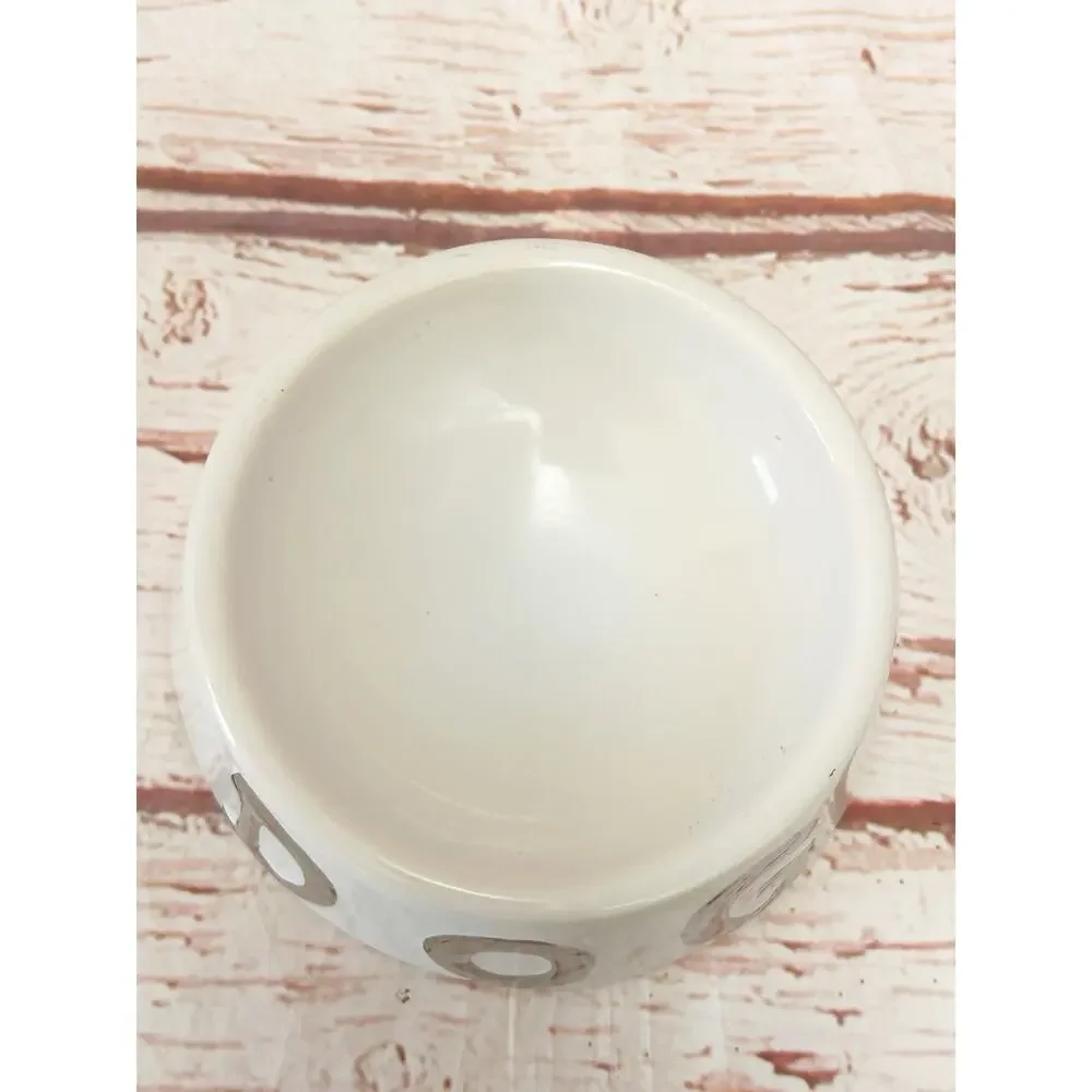 10 STRAWBERRY STREET White Ceramic Dog Bowl Metallic Silver Chrome Letters